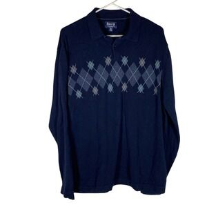 Bass Henley grandpa polo sweater blue Argyle size medium academia old money